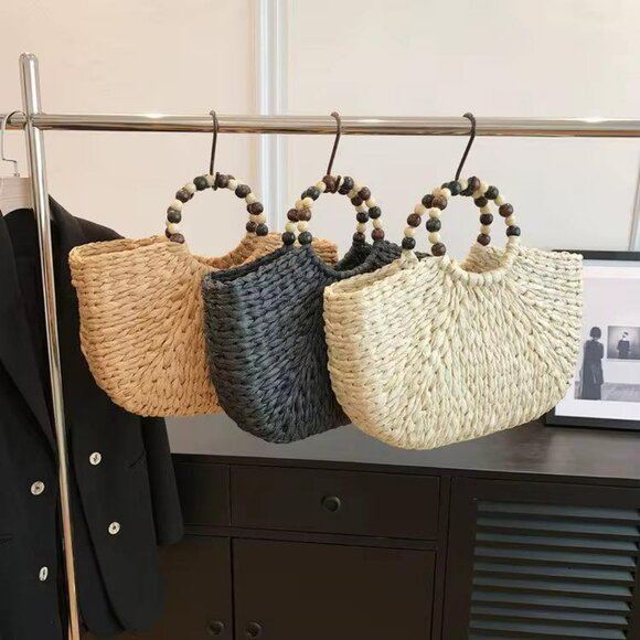 Handmade Woven Straw Bag with Wooden Bead Handles | Vacation Beach Bag | Gift - Picture 8 of 8